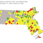 A map showing COVID transmission risk levels in Massachusetts cities and towns on Thursday, April 29, 2021.