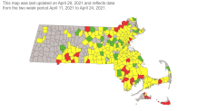 A map showing COVID transmission risk levels in Massachusetts cities and towns on Thursday, April 29, 2021.