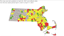 A map showing COVID transmission risk levels in Massachusetts cities and towns on Thursday, April 22, 2021.