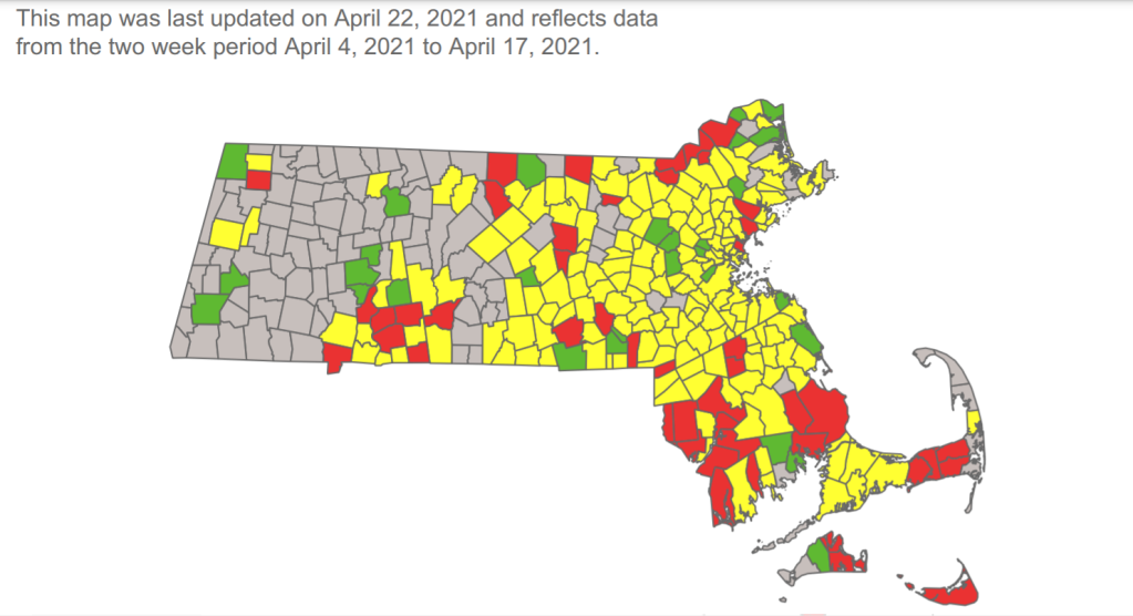 A map showing COVID transmission risk levels in Massachusetts cities and towns on Thursday, April 22, 2021.