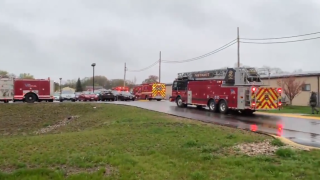 Emergency services vehicles at a hazmat scene in Pawtucket, Rhode Island