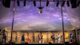 This 2019 photo released by The Berkshire Theater Group shows a scene from their production of "Godspell." The John-Michael Tebelak and Stephen Schwartz musical is celebrating its 50th anniversary this month, a golden milestone for a show with roots in the hippie era but which can still speak to those on TikTok.