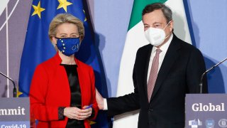 EU Commission President Ursula von Der Leyen, left, and Italian Premier Mario Draghi attend a press conference at the end of a virtual Global Health Summit, in Rome's Villa Pamphili, Friday, May 21, 2021. Leaders of the most industrialized countries met virtually for the summit and pledged to step up the production and distribution of anti-Covid vaccines.