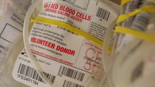 Bags ready for collection during a blood drive by the American Red Cross