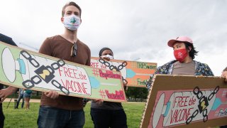 Demonstrators hold a rally to "Free the Vaccine," calling on the US to commit to a global coronavirus vaccination plan that includes sharing vaccine formulas with the world to help ensure that every nation has access to a vaccine, on the National Mall in Washington, DC, May 5, 2021. - US President Joe Biden's administration announced its support for a global waiver on patent protections for Covid-19 vaccines, and will negotiate the terms at the WTO.