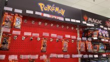 Pokemon trading cards are diplayed on shelves at a local Target store in Los Angeles, California on May 14, 2021. - US retail giant Target announced Friday it was suspending sales of Pokemon and other trading cards amid concerns that a buying frenzy is threatening the safety of shoppers and staff.
