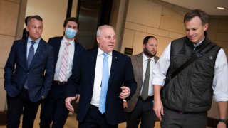 House Minority Whip Steve Scalise, R-La., and Rep. Blake Moore, R-Utah, right, are seen in the Capitol Visitor Center before Rep. Elise Stefanik, R-N.Y., won the election for House Republican Conference chair on Friday, May 14, 2021