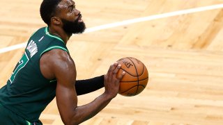 Jaylen Brown of the Boston Celtics shoots a free throw during the game against the Charlotte Hornets at TD Garden in Boston on April 28, 2021.