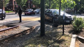 A car on the MBTA Green Line C Branch tracks in Brookline on Tuesday, May 25, 2021.