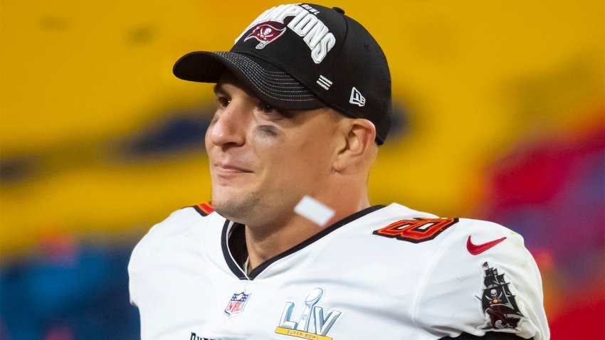 Feb 4, 2021; Tampa, FL, USA; Tampa Bay Buccaneers tight end Rob Gronkowski (87) celebrates after defeating the Kansas City Chiefs in Super Bowl LV at Raymond James Stadium. Mandatory Credit: Mark J. Rebilas-USA TODAY Sports