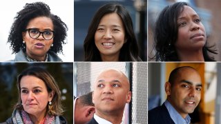 From top-left, clockwise: Boston Mayor Kim Janey, Boston City Councilors Michelle Wu and Andrea Campbell, State Rep. Jon Santiago, former Chief of Economic Development John Barros and Boston City Councilor Annissa Essaibi George.