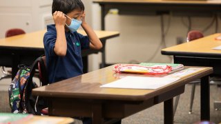 second grader Ernesto Beltran Pastrana puts on his face mask in a classroom