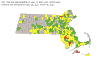 A map showing COVID transmission risk levels in Massachusetts cities and towns on Thursday, May 13, 2021.