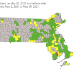 A map showing COVID transmission risk levels in Massachusetts cities and towns on Thursday, May 20, 2021.
