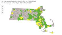 A map showing COVID transmission risk levels in Massachusetts cities and towns on Thursday, May 20, 2021.