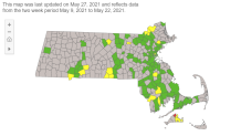 A map showing COVID transmission risk levels in Massachusetts cities and towns on Thursday, May 27, 2021.