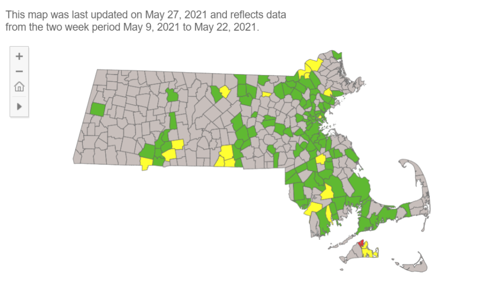 A map showing COVID transmission risk levels in Massachusetts cities and towns on Thursday, May 27, 2021.