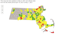 A map showing COVID transmission risk levels in Massachusetts cities and towns on Thursday, May 6, 2021.