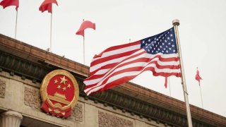 The U.S. flag is seen ahead of a welcome ceremony with U.S. President Donald Trump and Chinese President Xi Jinping outside the Great Hall of the People in Beijing on Nov. 9, 2017.