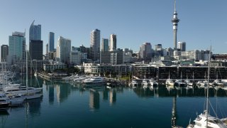 A general nighttime view of the Auckland skyline as seen from the new Park Hyatt hotel in the Viaduct Basin area of the city on May 16, 2021 in Auckland, New Zealand.