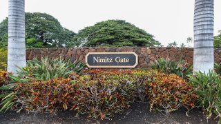 HONOLULU, HI - DECEMBER 04: The view of the Nimitz Gate sign at the entrance to Joint Base Pearl Harbor-Hickam on December 4, 2019 in Honolulu,