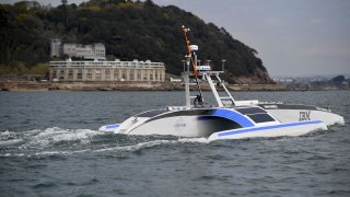 The Mayflower 400 autonomous trimaran is pictured during a sea trial in Plymouth, England, on April 27, 2021.