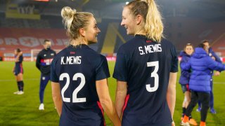 This Nov. 27, 2020, file photo shows sisters Kristie Mewis and Samantha Mewis of the United States celebrate together after their win over the Netherlands at Rat Verlegh Stadion in Breda, Netherlands.
