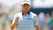 Justin Thomas of the United States waves on the sixth green during the first round of the 2021 U.S. Open at Torrey Pines Golf Course (South Course) on June 17, 2021 in San Diego, California.