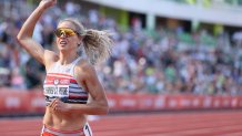 Elle Purrier St. Pierre crosses the finish line to win the Women's 1500 Meters Final during day four of the 2020 U.S. Olympic Track & Field Team Trials at Hayward Field on June 21, 2021 in Eugene, Oregon.