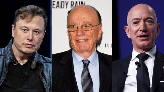 (L-R) Elon Musk, Rupert Murdoch and Jeff Bezos