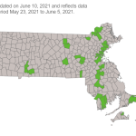A map showing COVID transmission risk levels in Massachusetts cities and towns on Thursday, June 10, 2021.