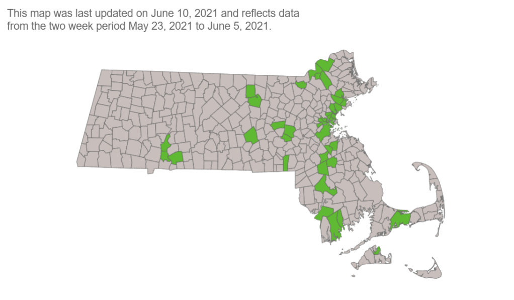 A map showing COVID transmission risk levels in Massachusetts cities and towns on Thursday, June 10, 2021.