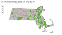 A map showing COVID transmission risk levels in Massachusetts cities and towns on Thursday, June 3, 2021.