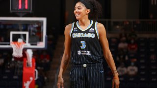 Candace Parker #3 of the Chicago Sky smiles during the game against the Washington Mystics on May 15, 2021 at Entertainment & Sports Arena in Washington, DC.