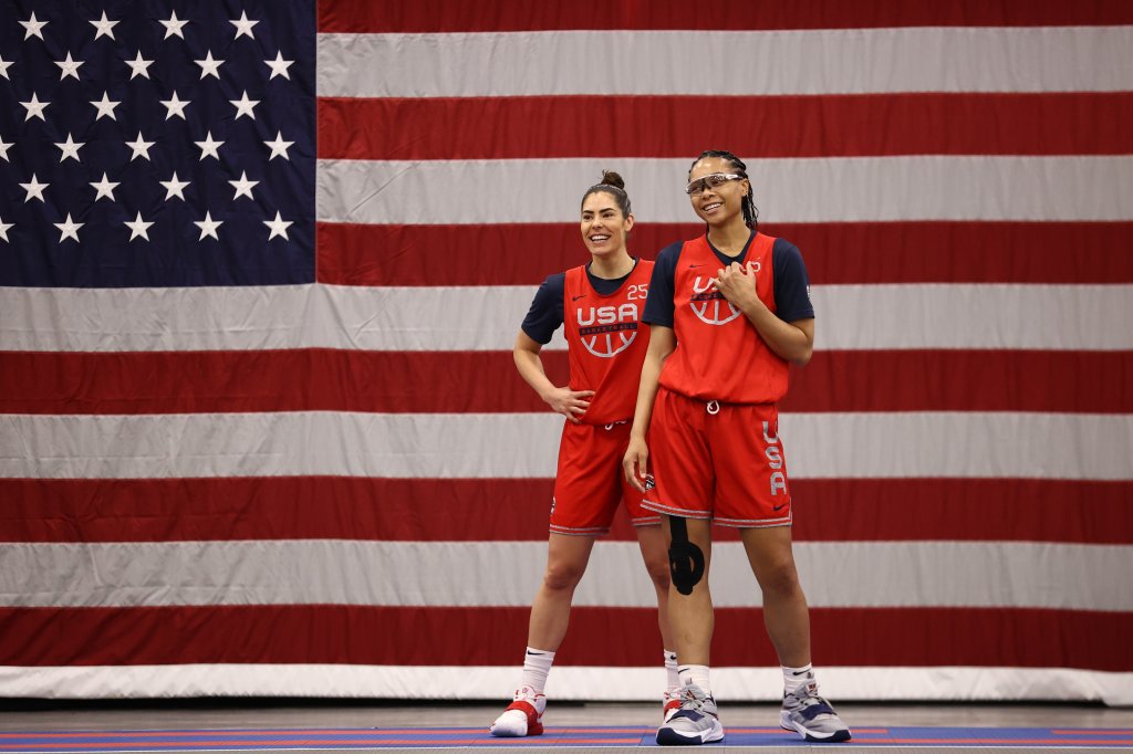 Kelsey Plum and Allisha Gray, right, of the USA Women's National 3x3 Team smile during USAB Womens 3x3 National Team practice at the Mandalay Bay Convention Center on July 17, 2021 in Las Vegas, Nevada.