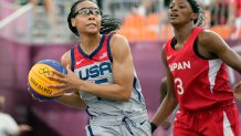 United States' Allisha Gray heads to the basket past Japan's Stephanie Mawuli (3) during a women's 3-on-3 basketball game at the 2020 Summer Olympics, Tuesday, July 27, 2021, in Tokyo, Japan.