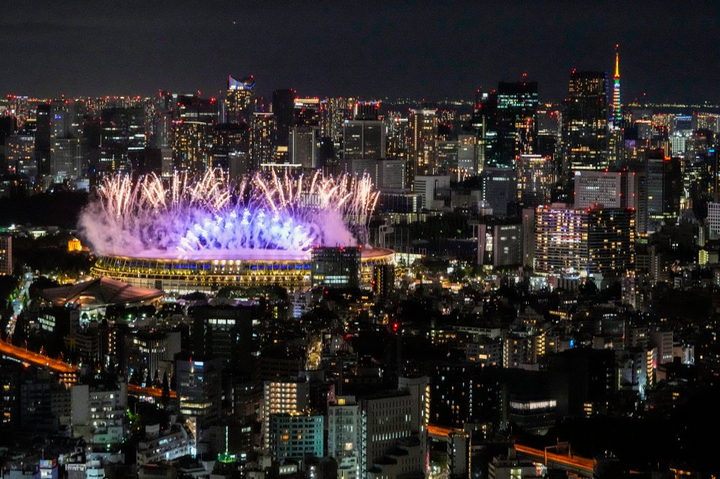 Fireworks seen over National Stadium during the opening ceremony of 2020 Tokyo Olympics, Friday, July 23, 2021, in Tokyo.
