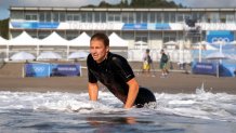 Kolohe Andino, of the Untied States, paddles out during a surf training session at the 2020 Summer Olympics, Saturday, July 24, 2021, at Tsurigasaki beach in Ichinomiya, Japan.