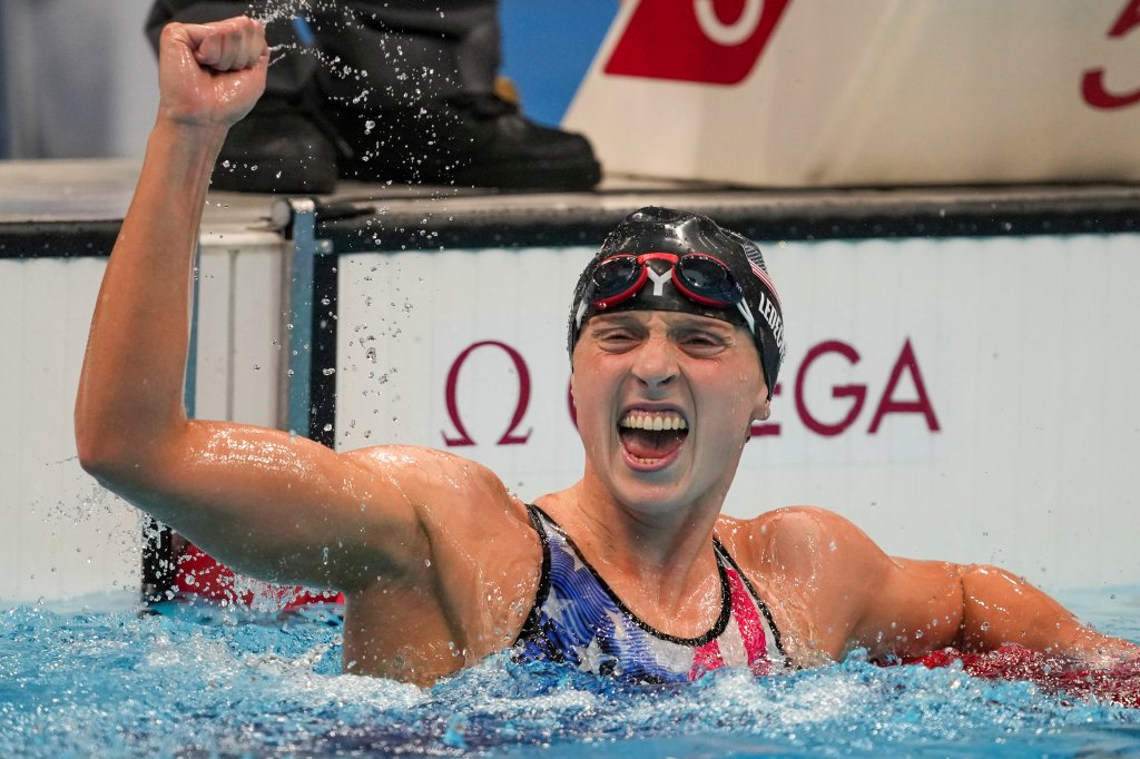 Katie Ledecky, of the United States, reacts after winning the women's 1500-meters freestyle final at the 2020 Summer Olympics, Wednesday, July 28, 2021, in Tokyo, Japan.
