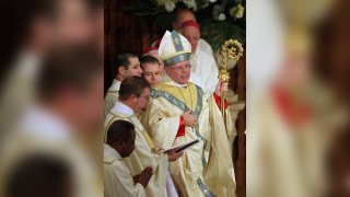 Bishop Peter Libasci speaks at the Cathedral of St. Joseph in Manchester