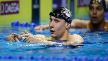 Chase Kalisz of the United States reacts after competing in a semifinal heat for the Men's 200m individual medley during Day Five of the 2021 U.S. Olympic Team Swimming Trials at CHI Health Center on June 17, 2021 in Omaha, Nebraska.