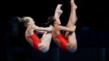 Delaney Schnell and Jessica Parratto of Team United States compete during the Women's Synchronised 10m Platform Final on day four of the Tokyo 2020 Olympic Games at Tokyo Aquatics Centre on July 27, 2021 in Tokyo, Japan.