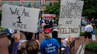 People hold up signs during a rally against "critical race theory" (CRT) being taught in schools at the Loudoun County Government center in Leesburg, Virginia on June 12, 2021.