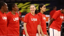 Sue Bird #6 of the USA Basketball Women's National Team smiles before the game against the Nigeria Women's National Team on July 18, 2021 at Michelob ULTRA Arena in Las Vegas, Nevada.