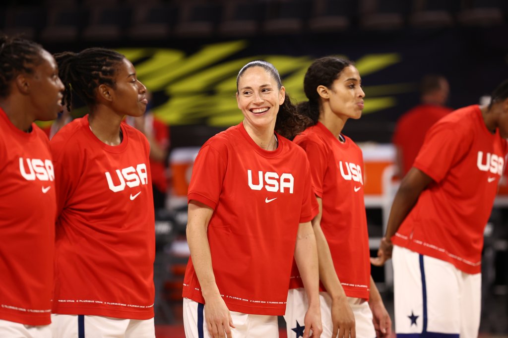 Sue Bird #6 of the USA Basketball Women's National Team smiles before the game against the Nigeria Women's National Team on July 18, 2021 at Michelob ULTRA Arena in Las Vegas, Nevada.