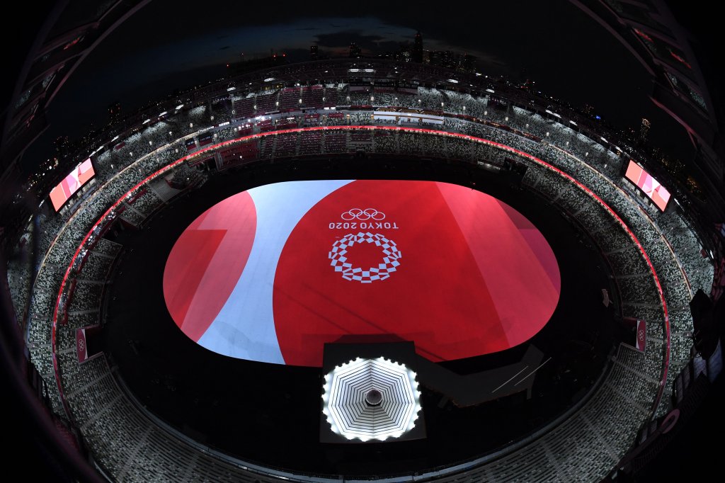 The Tokyo 2020 emblem and the stage seen ahead of the opening ceremony of the Tokyo 2020 Olympic Games, at the Olympic Stadium, in Tokyo, on July 23, 2021.