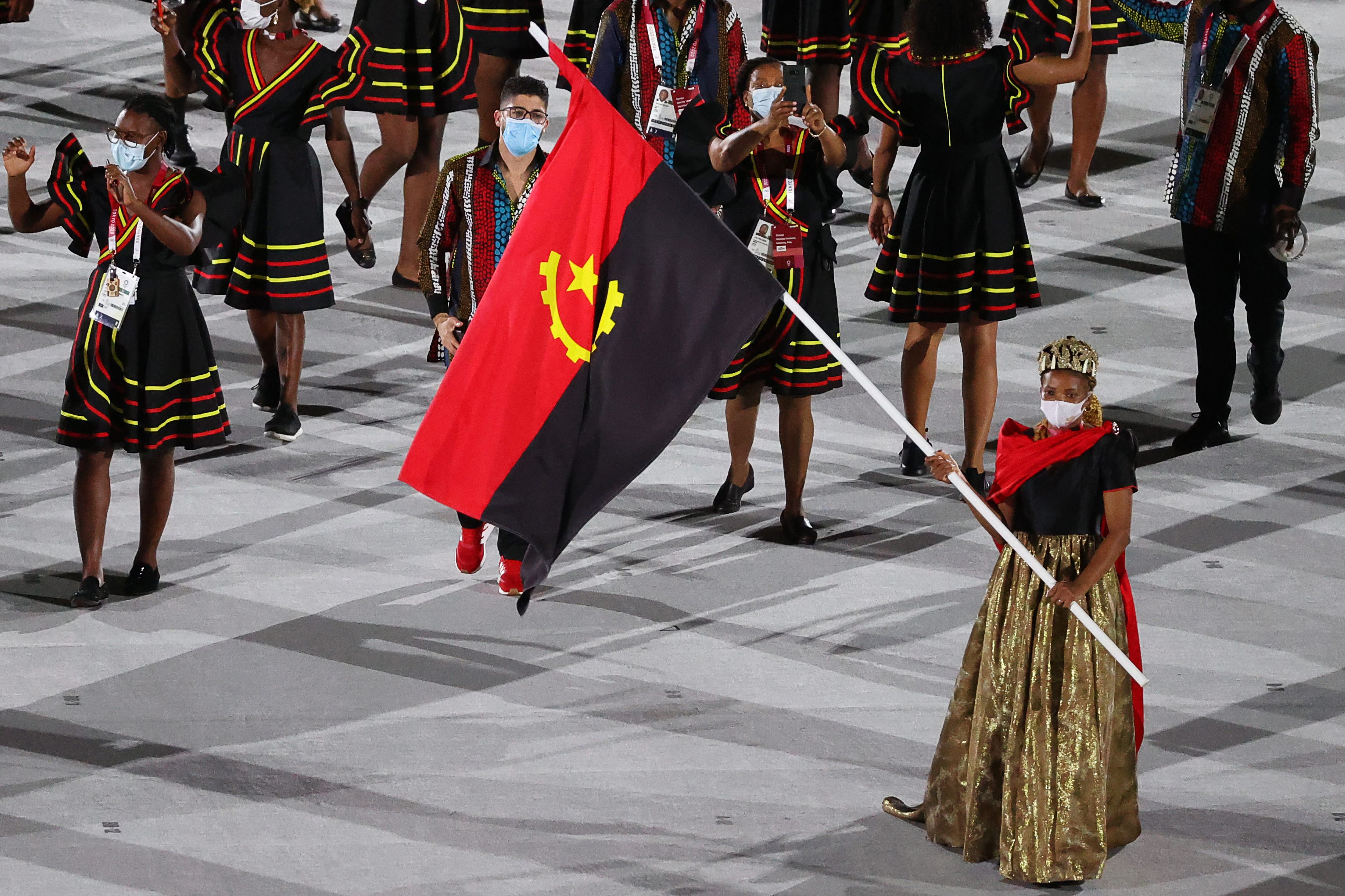 Delegation from Angola takes part in the Parade of Nations at the opening ceremony of the Tokyo 2020 Summer Olympic Games at the National Stadium.