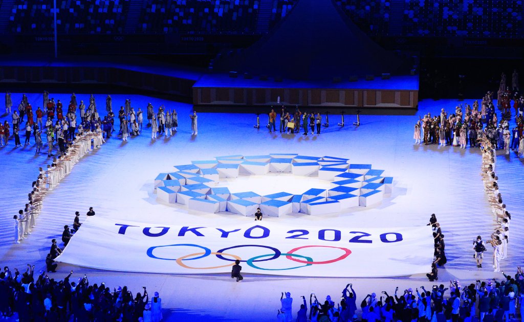 The Tokyo 2020 logo at the opening ceremony of the Tokyo 2020 Summer Olympic Games at the National Stadium.
