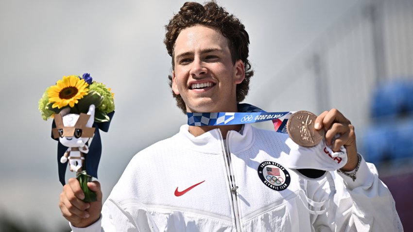 Bronze medallist Jagger Eaton of the US poses on the podium at the end of the men’s street prelims during the Tokyo 2020 Olympic Games at Ariake Sports Park Skateboarding in Tokyo on July 25, 2021. (Photo by Jeff PACHOUD / AFP) (Photo by JEFF PACHOUD/AFP via Getty Images)