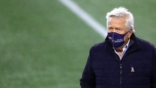 This Nov. 15, 2020, file photo shows New England Patriots owner Robert Kraft before the game between the Patriots and the Baltimore Ravens at Gillette Stadium in Foxborough, Massachusetts.